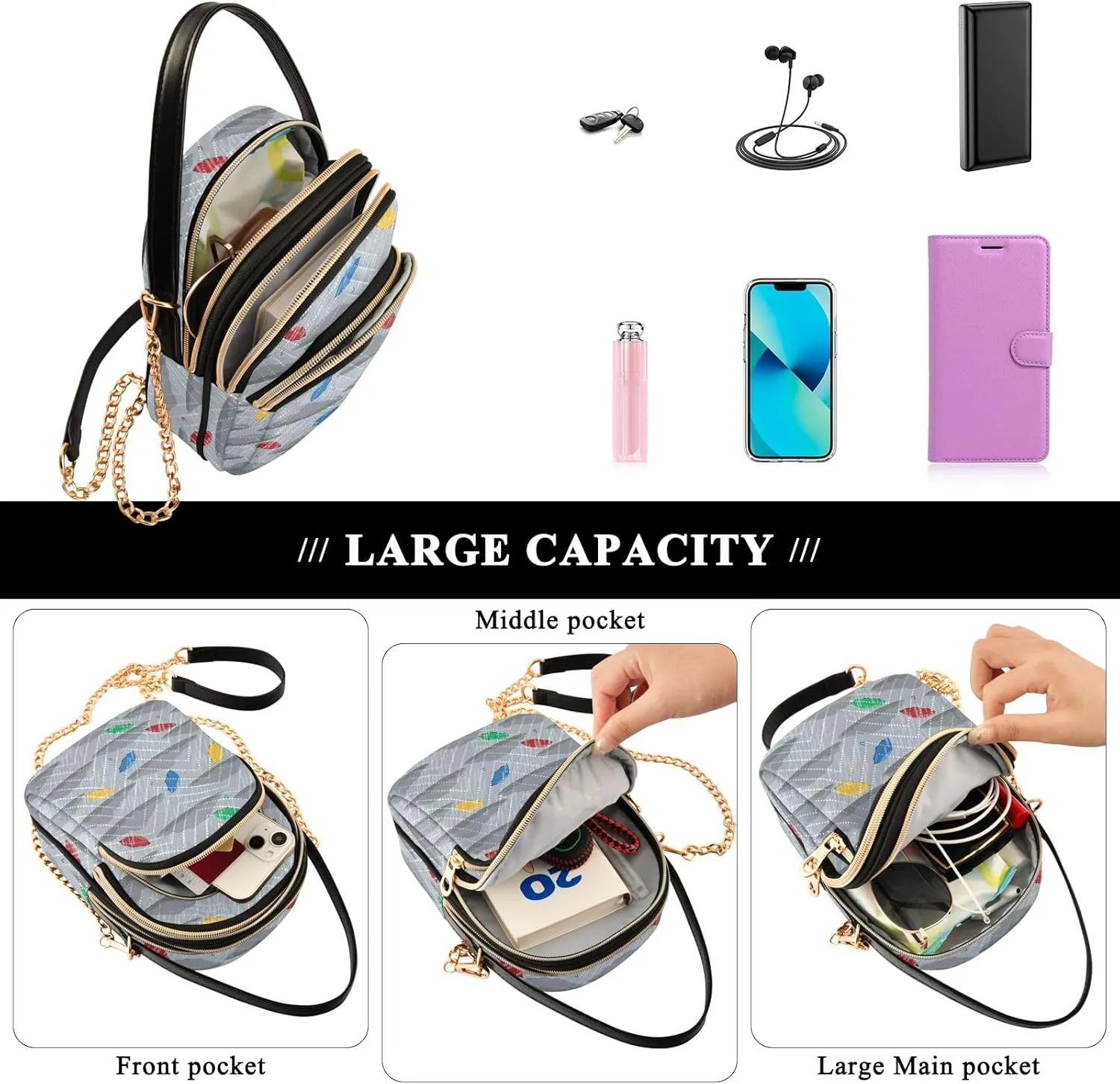 Colorful Cat Friends Women's Crossbody Bags Quilted Purse with Chain Phone Purse Handbag