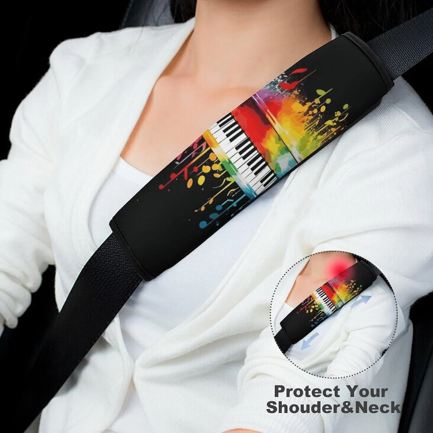 Colorful Piano Keyboard Music Note Auto Seat Belt Cover 2PCS Universal Car Seat Belt Shoulder Protector Pad, Protect Your Shoulders and Neck for Car Seat Belt, Shoulder Bag, Backpack
