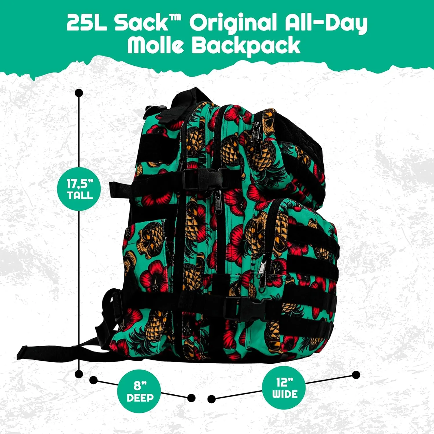 Combat Iron 25L Military Tactical Backpack for Men & Women, Molle Daypack Bug Out Bag, Hiking, Camping, Travel Rucksack with Bottle Holder, Teal Pineapple Express
