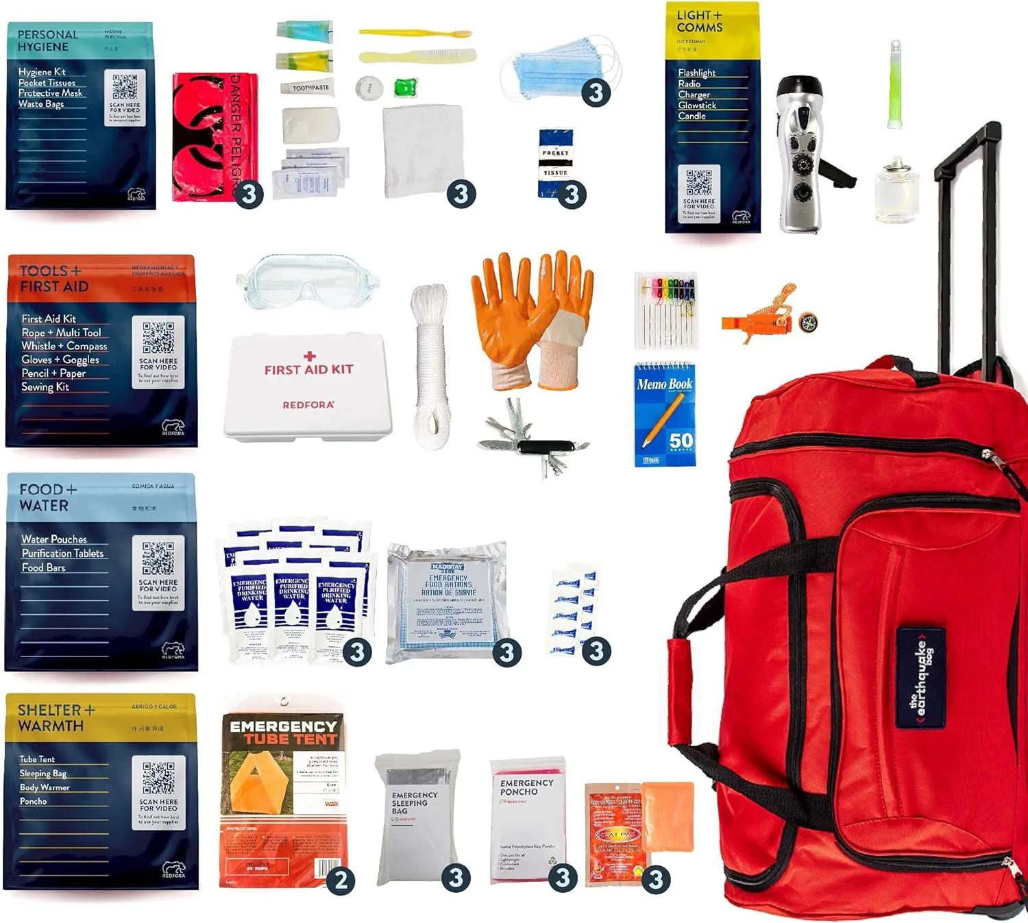 Complete Earthquake Bag - 3 Day Emergency kit for Earthquakes, Hurricanes, Wildfires, Floods   Other disasters