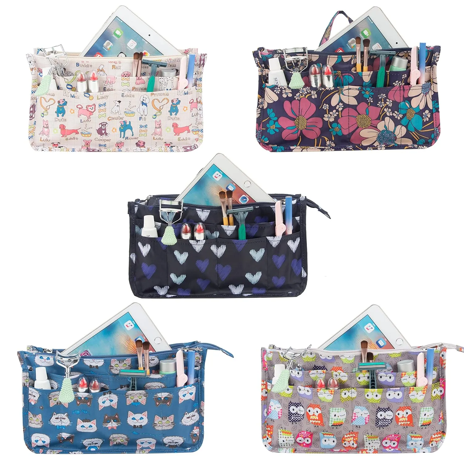 Cosmetic Bag for Women Cute Printing 14 Pockets Expandable Makeup Organizer Purse with Handles (Owl)