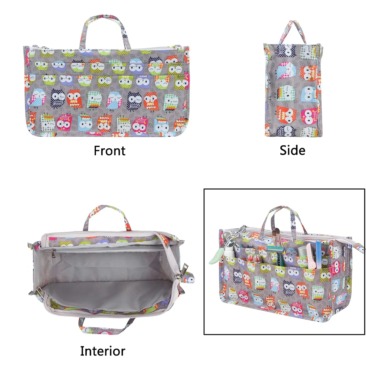 Cosmetic Bag for Women Cute Printing 14 Pockets Expandable Makeup Organizer Purse with Handles (Owl)