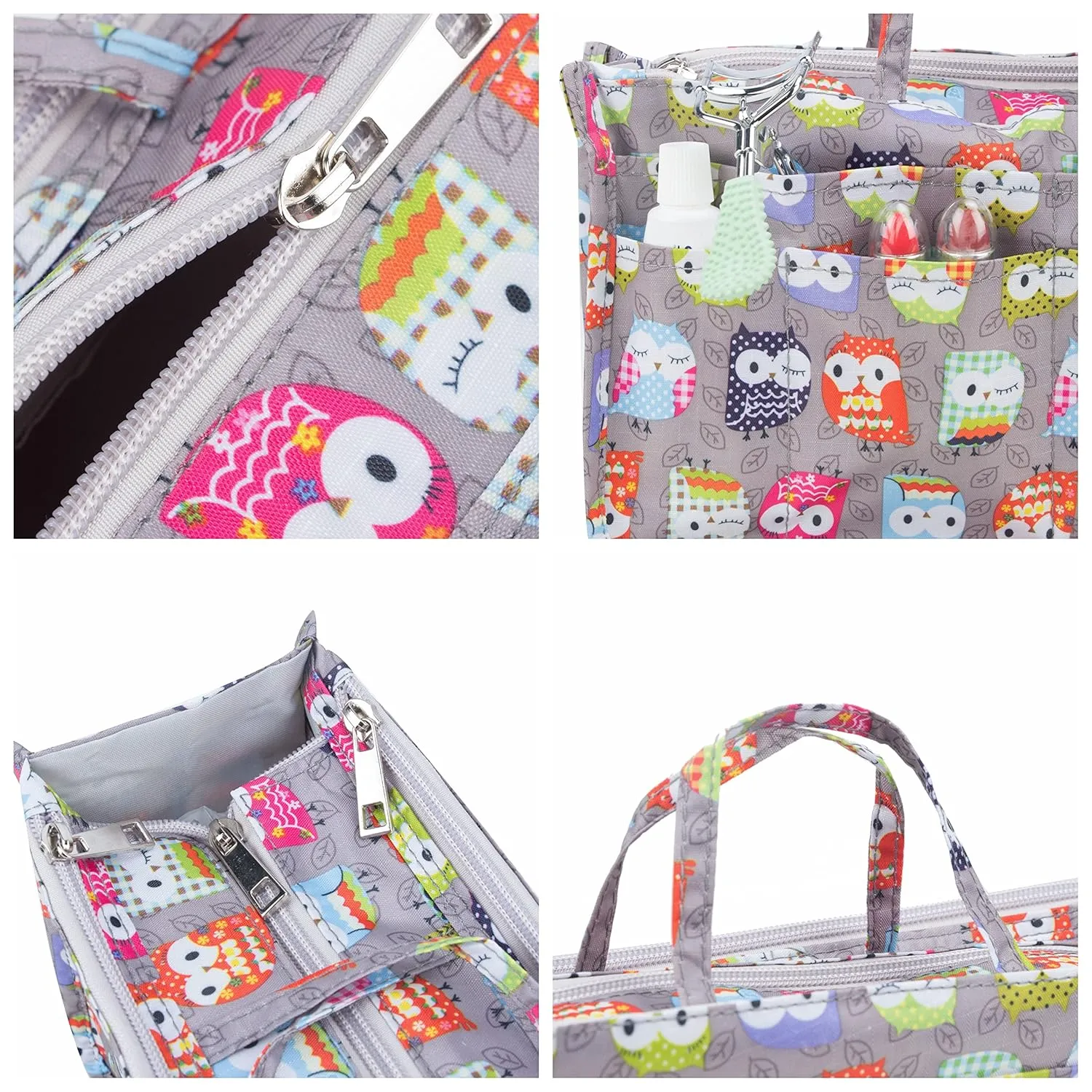 Cosmetic Bag for Women Cute Printing 14 Pockets Expandable Makeup Organizer Purse with Handles (Owl)