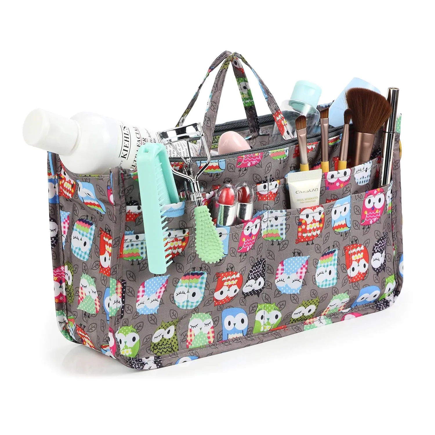 Cosmetic Bag for Women Cute Printing 14 Pockets Expandable Makeup Organizer Purse with Handles (Owl)
