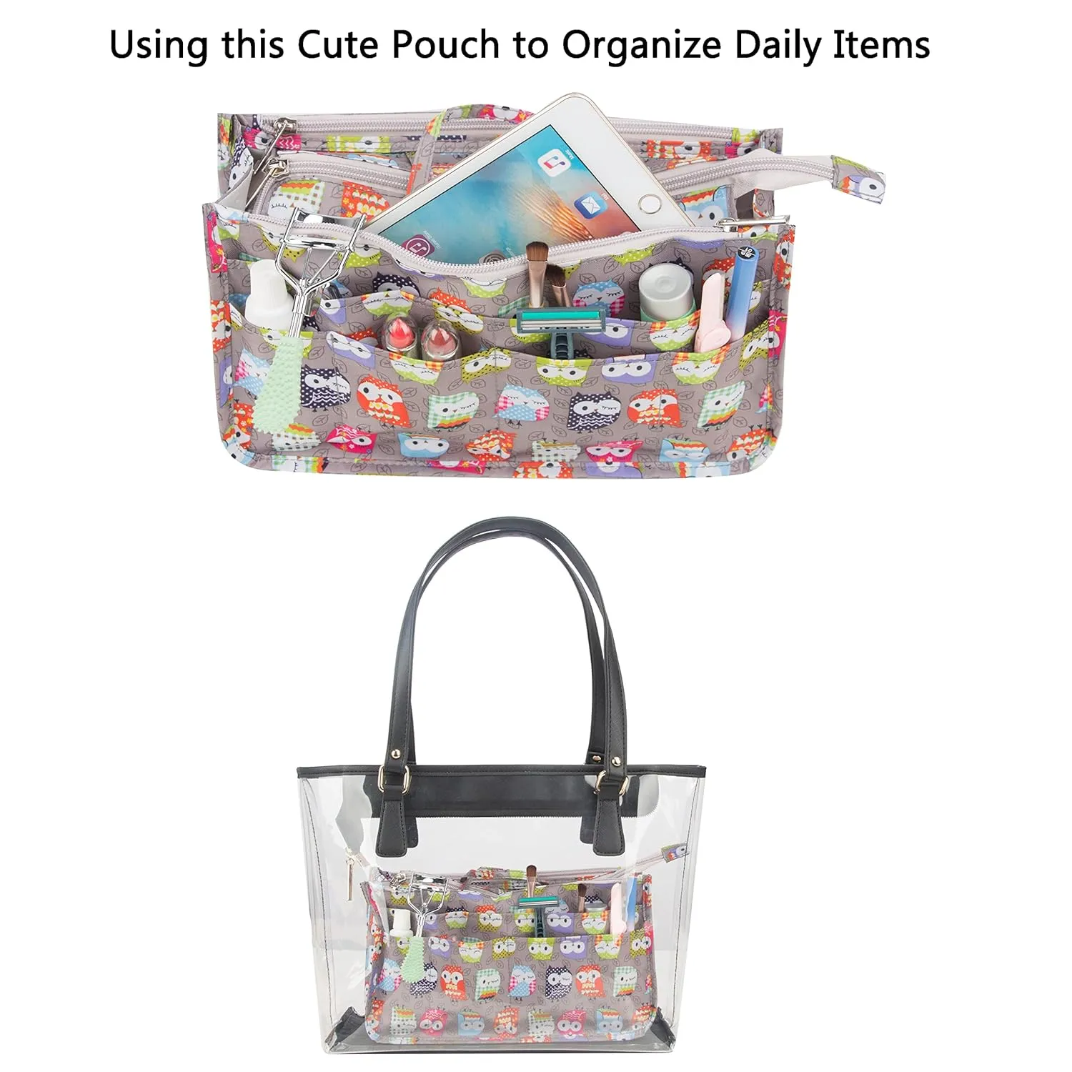 Cosmetic Bag for Women Cute Printing 14 Pockets Expandable Makeup Organizer Purse with Handles (Owl)