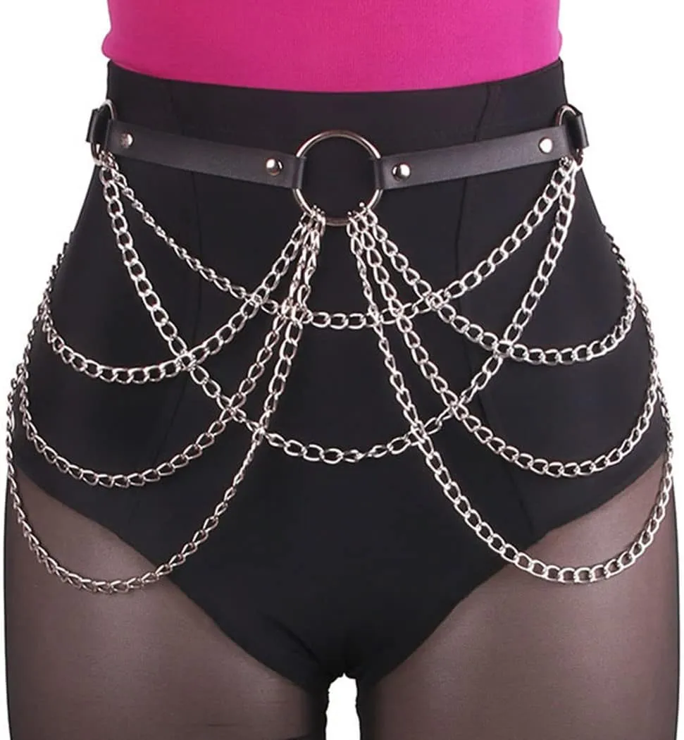 Cosydays Punk Leather Waist Chain Belt Black Harness Body Chain Layered Belly Chains Rave Outfits Body Chain Jewelry for Women