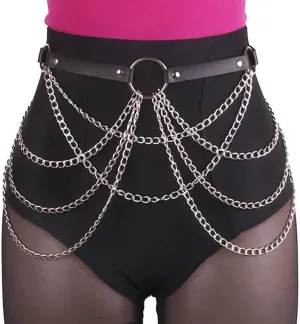 Cosydays Punk Leather Waist Chain Belt Black Harness Body Chain Layered Belly Chains Rave Outfits Body Chain Jewelry for Women