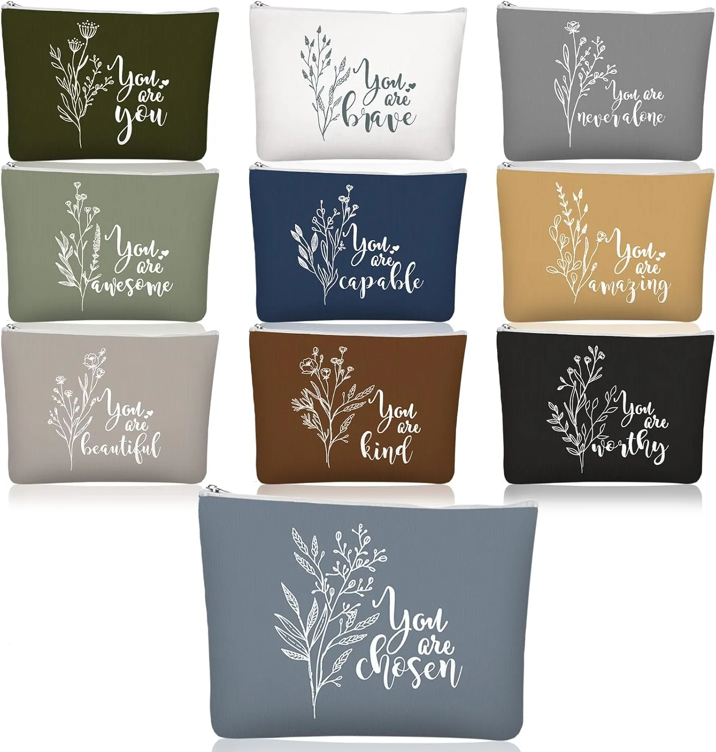 Coume 10 Pcs Boho Flower Canvas Makeup Bags Bulk Aesthetic Inspirational Quotes Cosmetic Zipper Personalized Encouragement Travel Pouch Toiletry Bag Women Teacher Friend Birthday Gifts