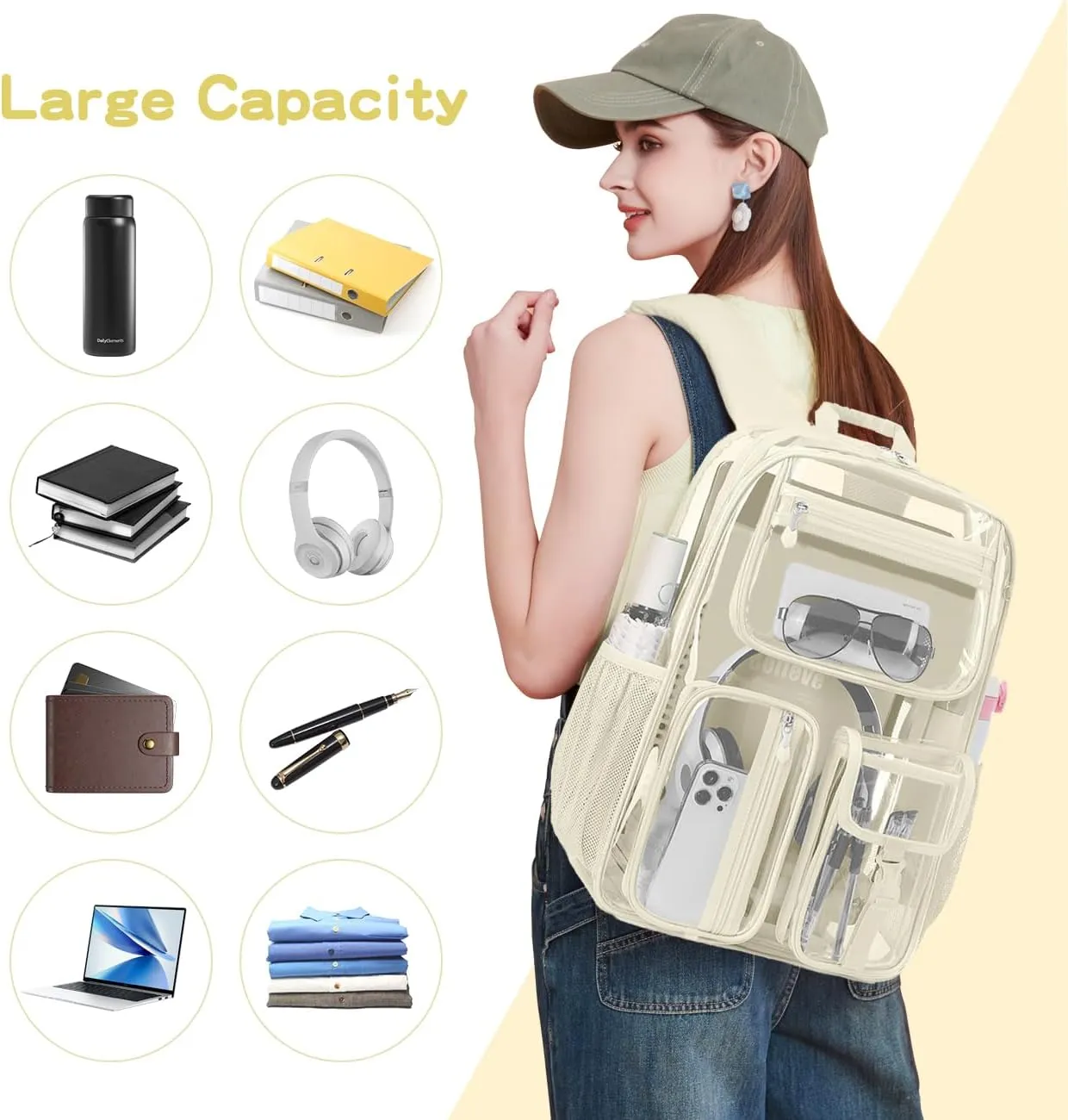 Cusangel Clear Backpack Heavy Duty Clear BookBag,16inch TPU Large Capacity See Through Backpack for Sport Events,Travel (beige)