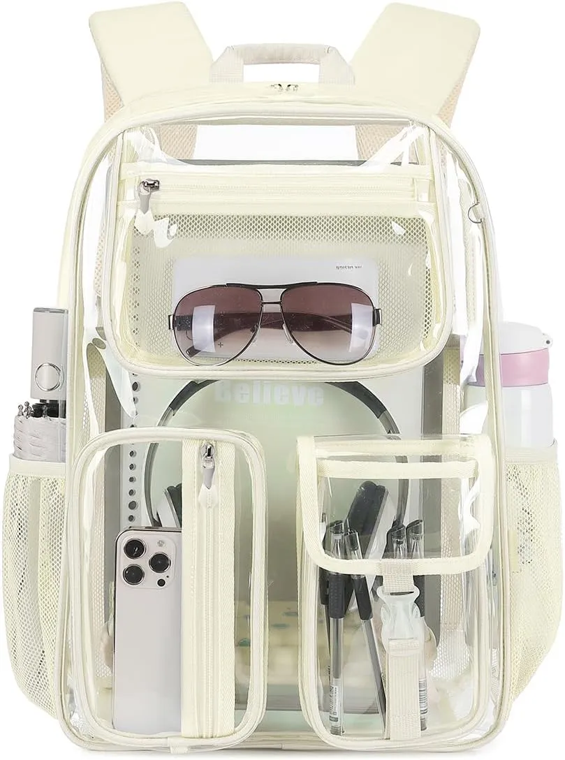 Cusangel Clear Backpack Heavy Duty Clear BookBag,16inch TPU Large Capacity See Through Backpack for Sport Events,Travel (beige)