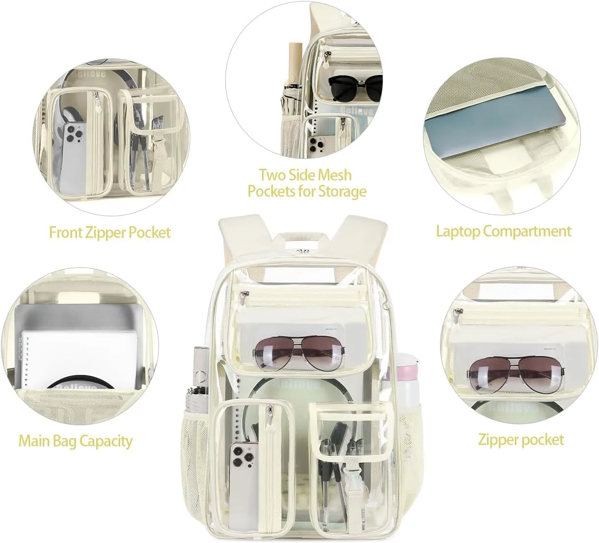 Cusangel Clear Backpack Heavy Duty Clear BookBag,16inch TPU Large Capacity See Through Backpack for Sport Events,Travel (beige)