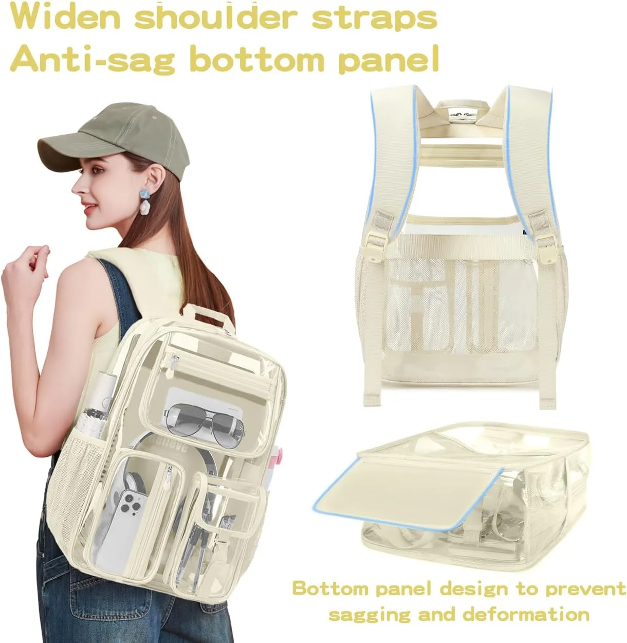 Cusangel Clear Backpack Heavy Duty Clear BookBag,16inch TPU Large Capacity See Through Backpack for Sport Events,Travel (beige)
