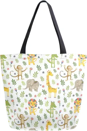 Cute Cartoon Monkey Elephants Giraffe Lion Floral Pattern Extra Large Canvas Shoulder Tote Top Storage Handle Bag for Gym Beach Weekender Travel Shopping
