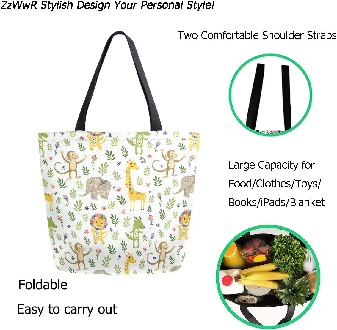 Cute Cartoon Monkey Elephants Giraffe Lion Floral Pattern Extra Large Canvas Shoulder Tote Top Storage Handle Bag for Gym Beach Weekender Travel Shopping
