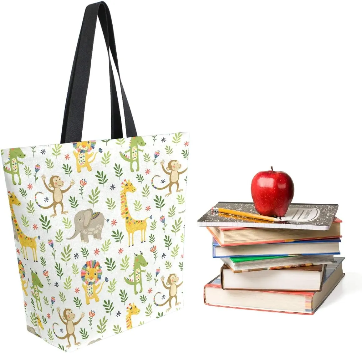 Cute Cartoon Monkey Elephants Giraffe Lion Floral Pattern Extra Large Canvas Shoulder Tote Top Storage Handle Bag for Gym Beach Weekender Travel Shopping