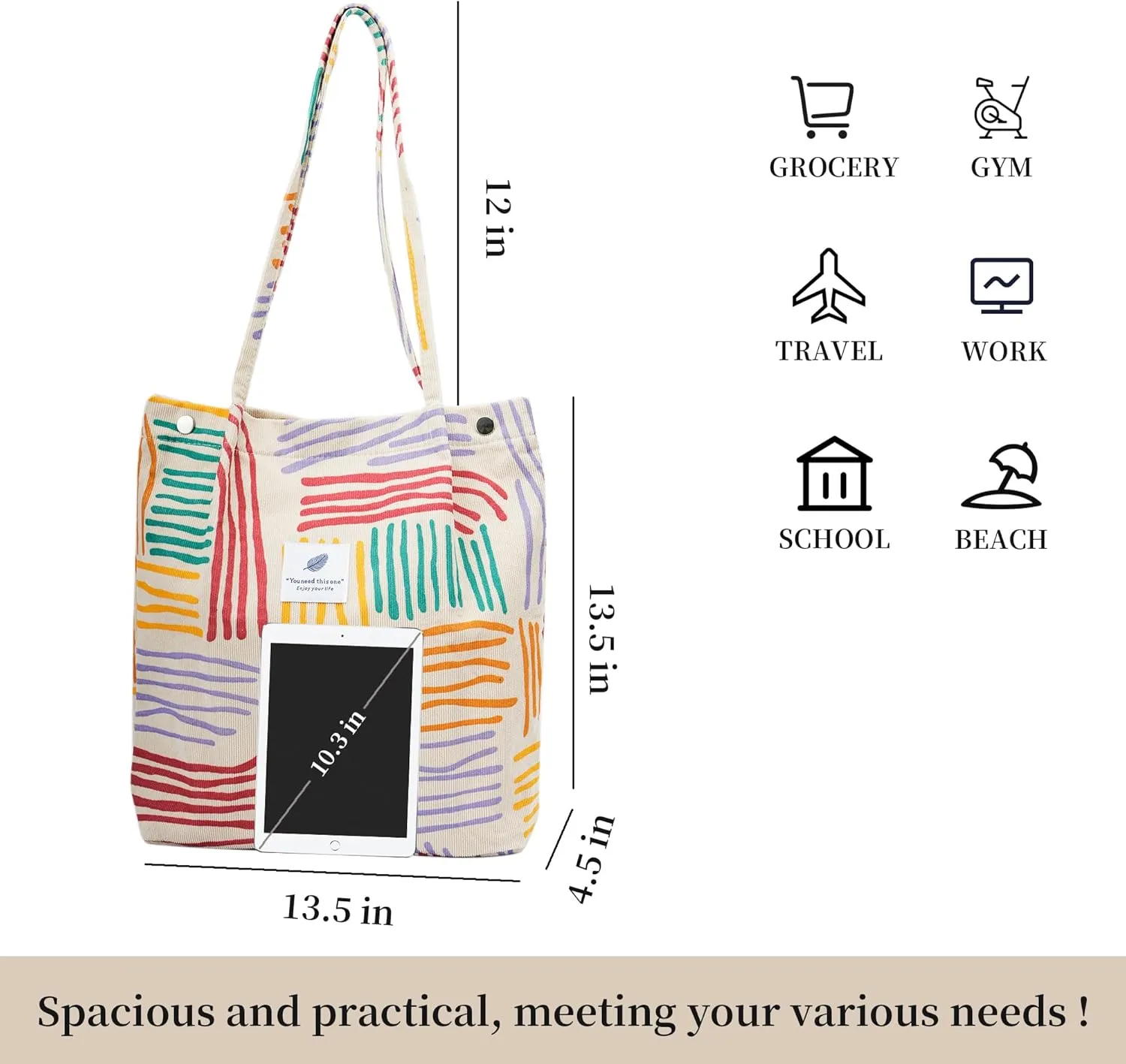 Cute Corduroy Tote Bag Canvas Shoulder Handbags for Women Travel Shopping