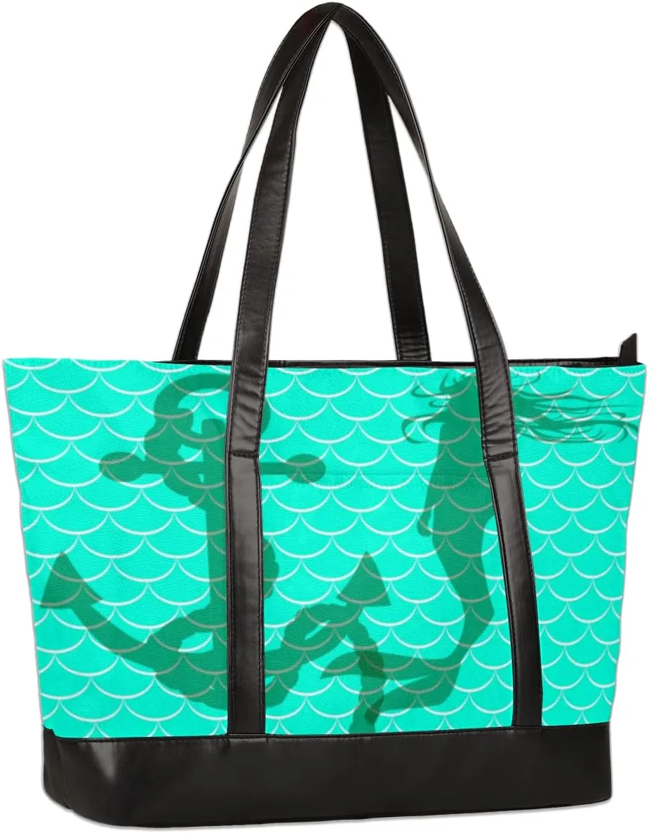 Cute Laptop Tote Bag for Women 15.6 inch Mermaid Scale Teal Turquoise Computer Bag Handbags Large Lightweight Work Tote Bag with Zipper