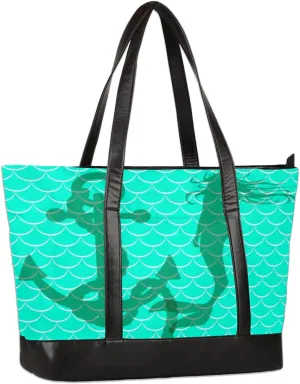 Cute Laptop Tote Bag for Women 15.6 inch Mermaid Scale Teal Turquoise Computer Bag Handbags Large Lightweight Work Tote Bag with Zipper