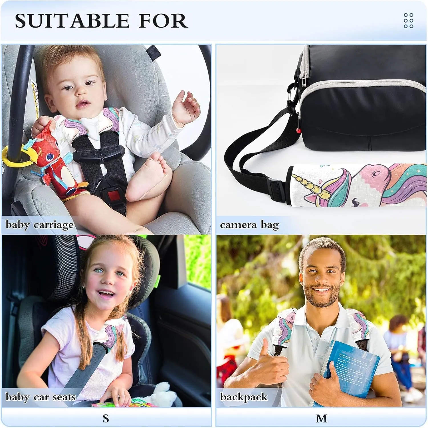 Cute Unicorn with Colorful Mane Car Seat Belt Strap Covers Bag Strap Pad