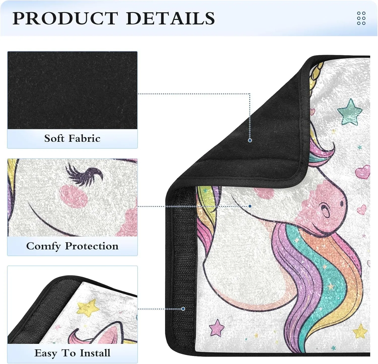 Cute Unicorn with Colorful Mane Car Seat Belt Strap Covers Bag Strap Pad