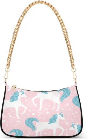 Cute Unicorns Stars Shoulder Bag for Women Hobo Tote Handbag Gold Chain Crossbody Bag with Zipper Clutch Purse Handbags