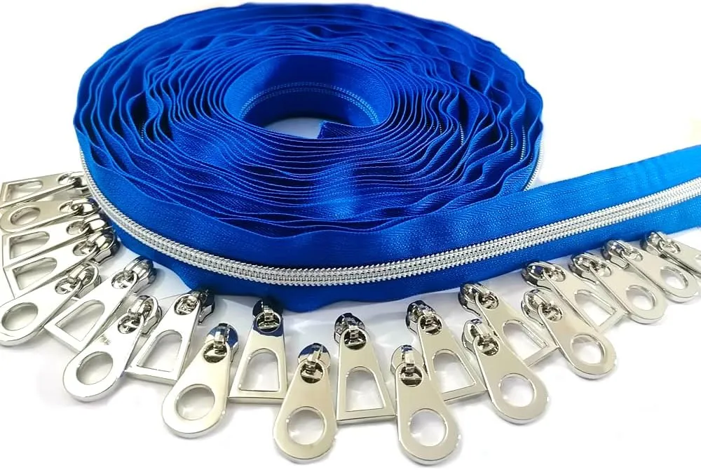 CYS #5 Silver Metallic Nylon Coil Zippers by The Yard Bulk Coil Blue Zipper Roll 10 Yards with 20pcs Pulls for DIY Sewing Craft Bags (Blue)