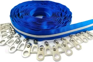 CYS #5 Silver Metallic Nylon Coil Zippers by The Yard Bulk Coil Blue Zipper Roll 10 Yards with 20pcs Pulls for DIY Sewing Craft Bags (Blue)