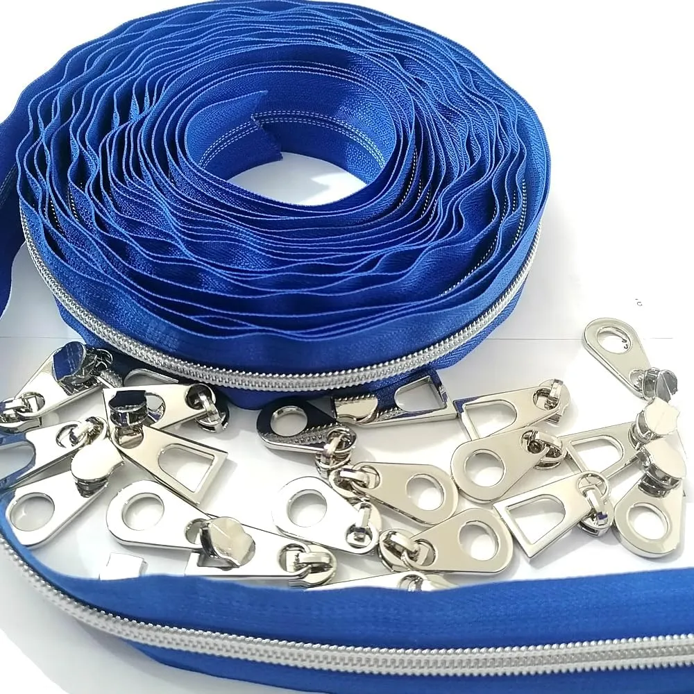 CYS #5 Silver Metallic Nylon Coil Zippers by The Yard Bulk Coil Blue Zipper Roll 10 Yards with 20pcs Pulls for DIY Sewing Craft Bags (Blue)