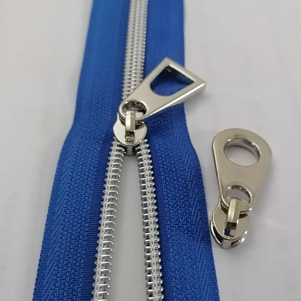 CYS #5 Silver Metallic Nylon Coil Zippers by The Yard Bulk Coil Blue Zipper Roll 10 Yards with 20pcs Pulls for DIY Sewing Craft Bags (Blue)