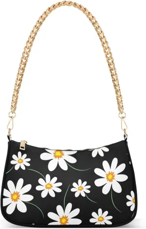 Daisy Black Floral Shoulder Bag for Women, Handbag with Chain Strap, Soft Purse Tote Bag for Ladies