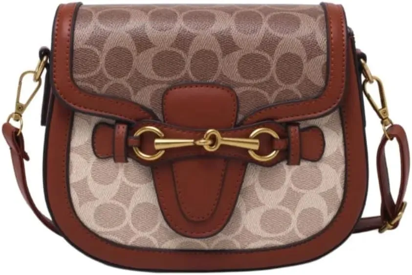 Designer Crossbody Bag, Signature Canvas Pattern With Brown Leather Trim, Gold Hardware