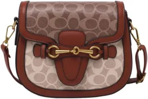 Designer Crossbody Bag, Signature Canvas Pattern With Brown Leather Trim, Gold Hardware
