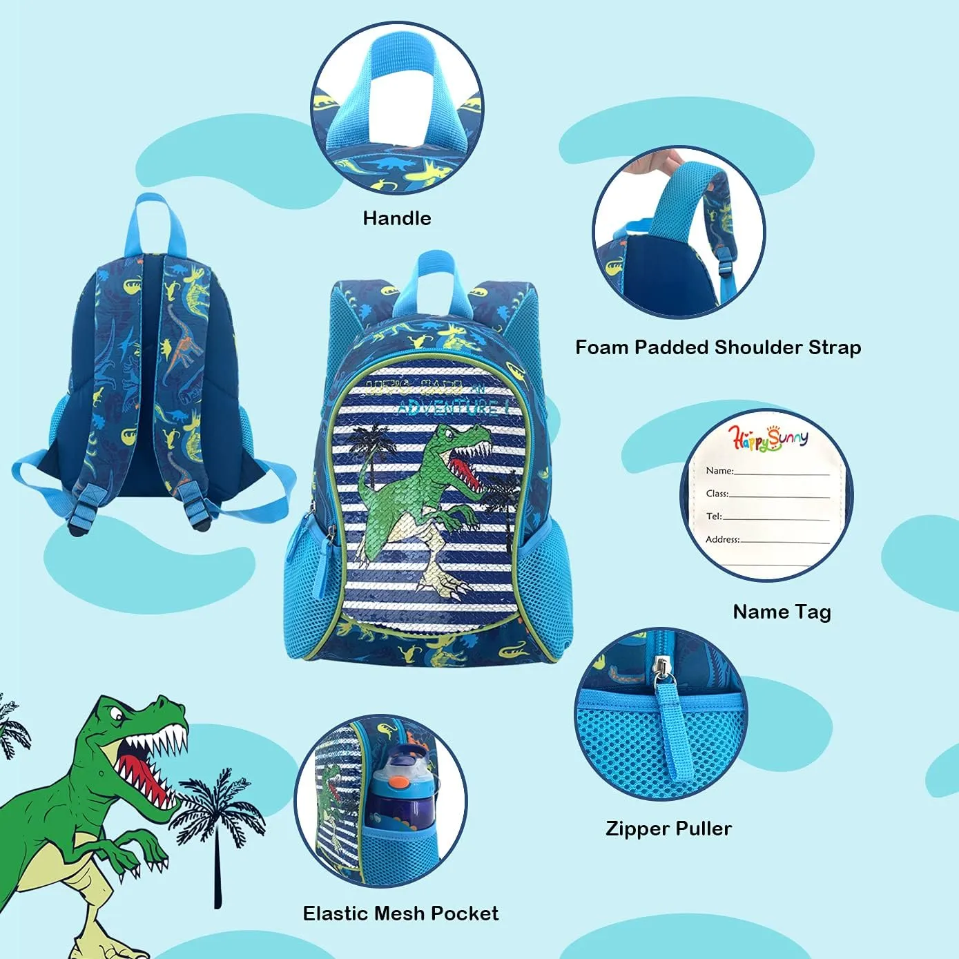 Dinosaur backpack for kids 3-5 Toddler Backpack for School Boys Girls 13 inch Dinosaur Backpack School Bag for Preschool Early Elementary with Reversible Sequins & Adjustable Strap