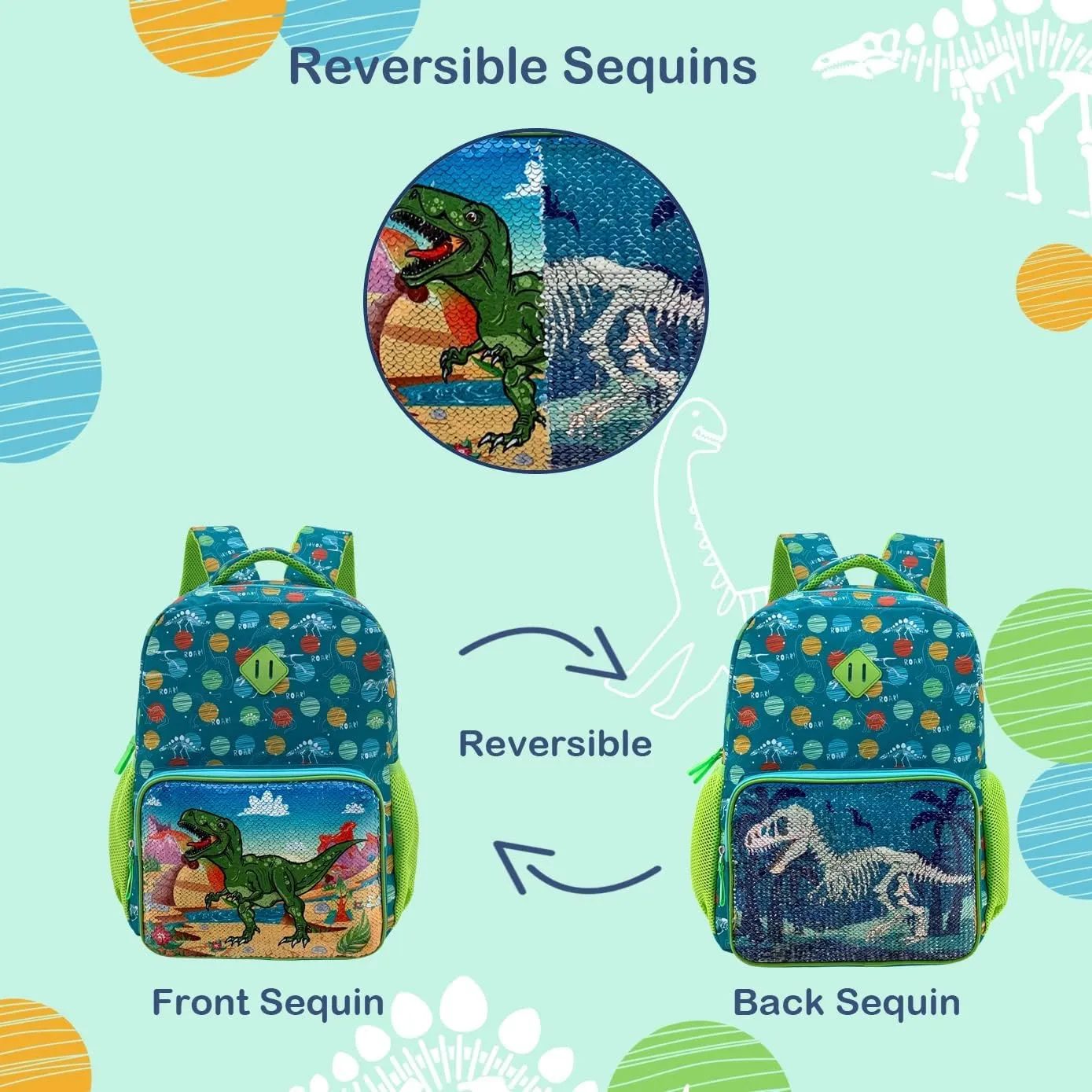 Dinosaur backpack for kids Toddler Backpack for School Boys Girls Lightweight 15 inch Dinosaur Backpack School Bag for Preschool Early Elementary with Reversible Sequins & Adjustable Strap