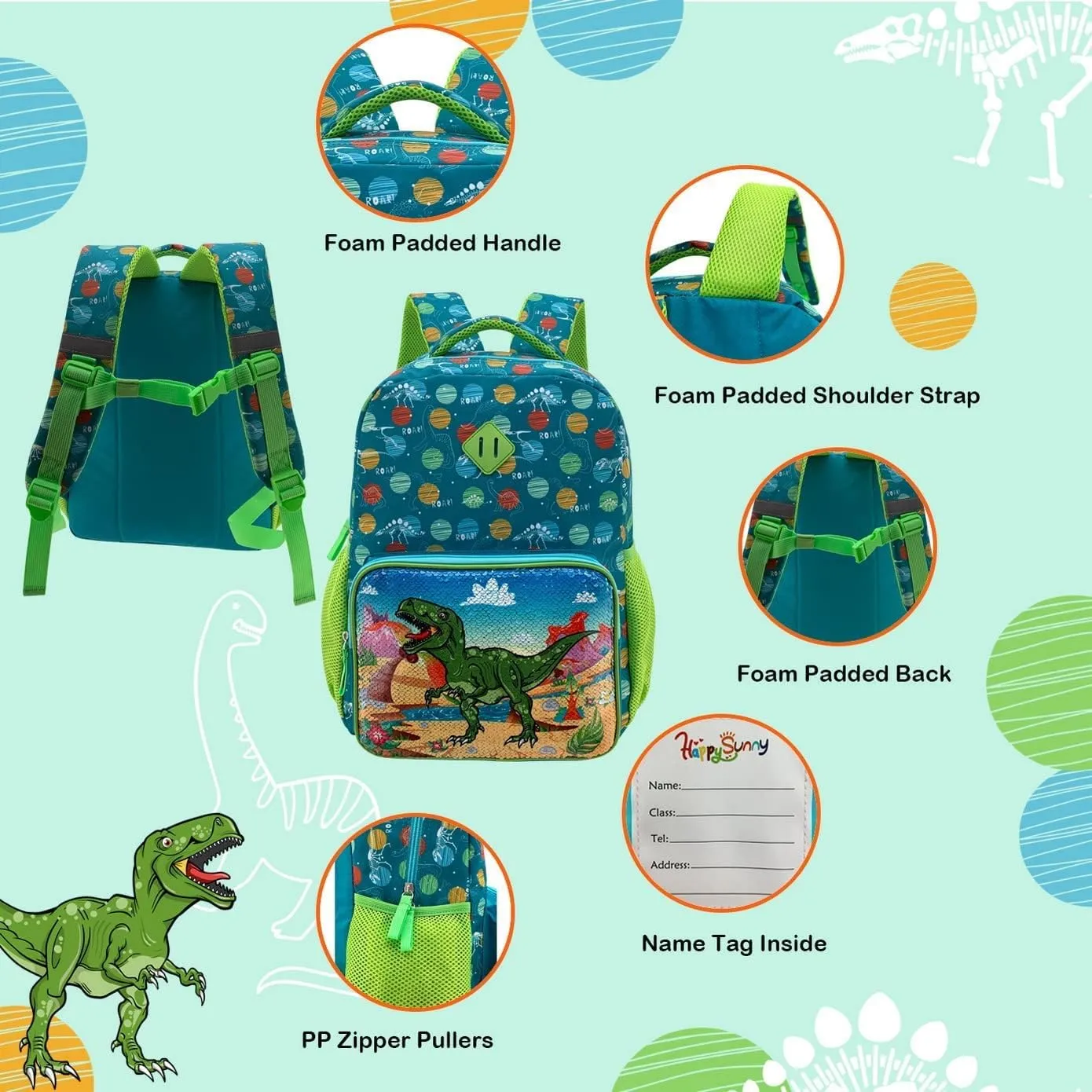 Dinosaur backpack for kids Toddler Backpack for School Boys Girls Lightweight 15 inch Dinosaur Backpack School Bag for Preschool Early Elementary with Reversible Sequins & Adjustable Strap