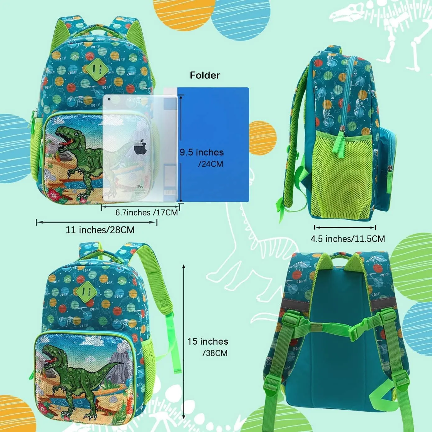 Dinosaur backpack for kids Toddler Backpack for School Boys Girls Lightweight 15 inch Dinosaur Backpack School Bag for Preschool Early Elementary with Reversible Sequins & Adjustable Strap