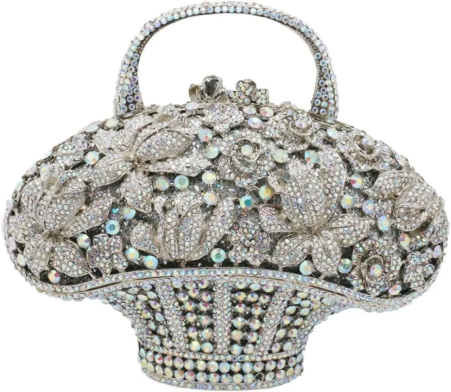 DJBM Vintage Women Flower Basket Crystal Evening Clutch Diamond Floral Handbag Rhinestone Evening Bag for Wedding Party Prom