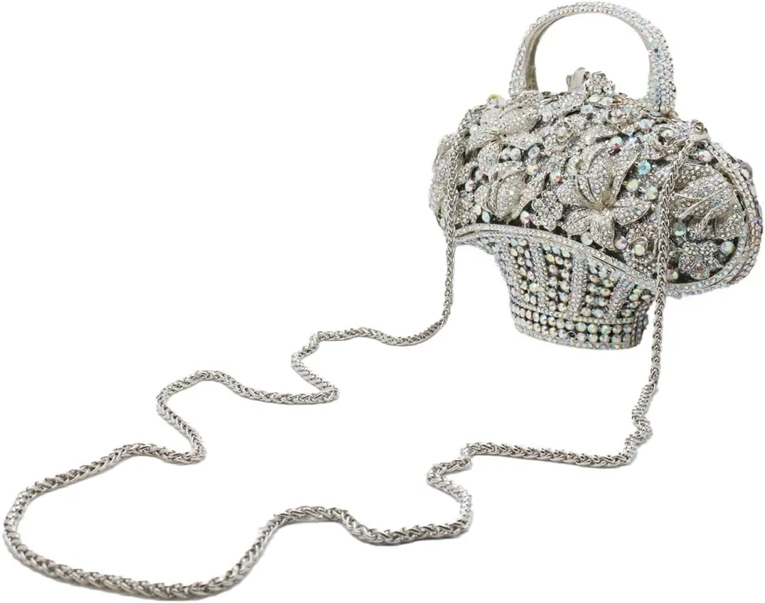 DJBM Vintage Women Flower Basket Crystal Evening Clutch Diamond Floral Handbag Rhinestone Evening Bag for Wedding Party Prom