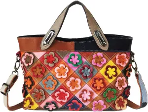 Downupdown Genuine Leather Tote Bag for Women 3D Floral Handbags Purses Top Handle Bags Satchel Shoulder Crossbody Bag Ladies