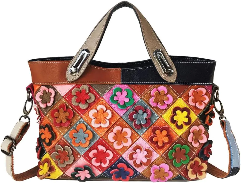 Downupdown Genuine Leather Tote Bag for Women 3D Floral Handbags Purses Top Handle Bags Satchel Shoulder Crossbody Bag Ladies