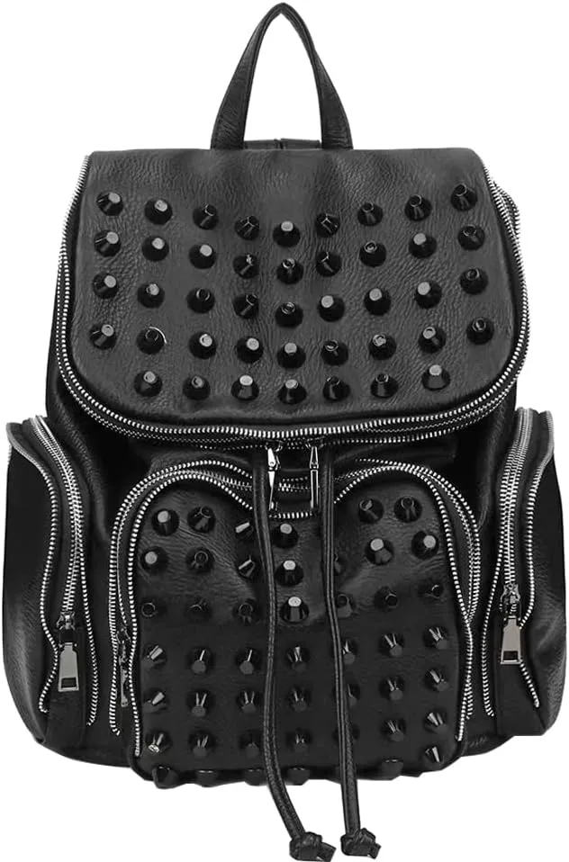 Downupdown ​Studded Backpacks for Women and Men Leather Flap Rivet Backpack knapsack Ladies Casual Daypack Shoulder Bag Cool Zipper Backpack with Top Handle Bucket Bag-Black