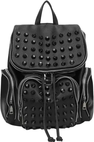 Downupdown ​Studded Backpacks for Women and Men Leather Flap Rivet Backpack knapsack Ladies Casual Daypack Shoulder Bag Cool Zipper Backpack with Top Handle Bucket Bag-Black