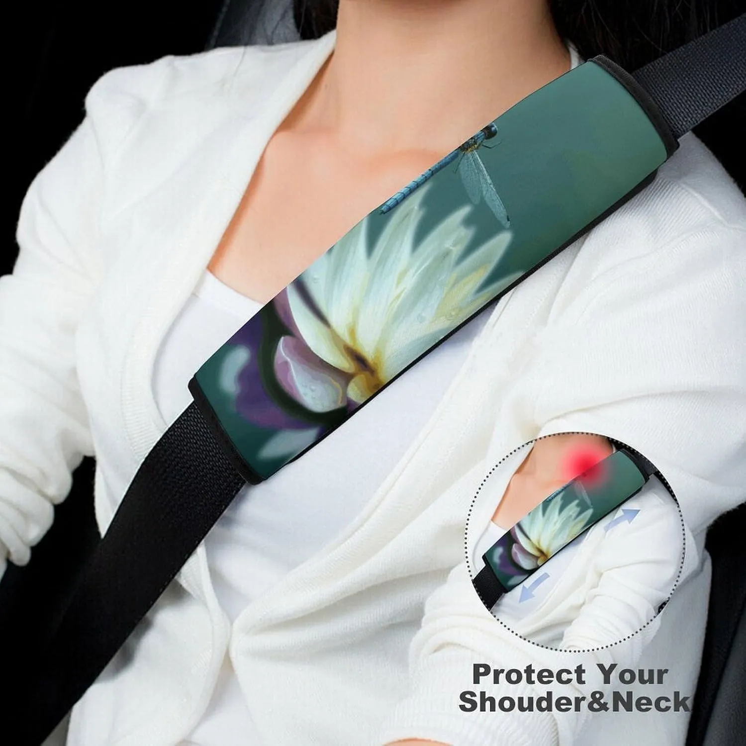 Dragonfly with Water Lily Auto Seat Belt Cover 2PCS Universal Car Seat Belt Shoulder Protector Pad, Protect Your Shoulders and Neck for Car Seat Belt, Shoulder Bag, Backpack