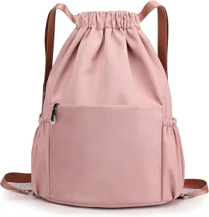 Drawstring Backpack Waterproof Small Gym Bag for Women String Backpack, Sports Gym Sack Cinch Bag with Multi Pockets (Pink)