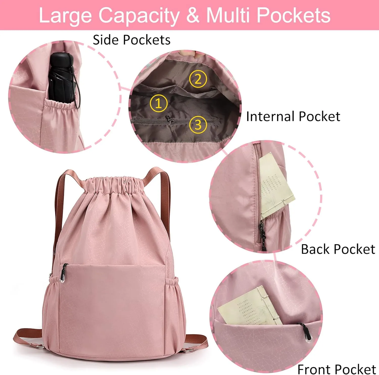 Drawstring Backpack Waterproof Small Gym Bag for Women String Backpack, Sports Gym Sack Cinch Bag with Multi Pockets (Pink)
