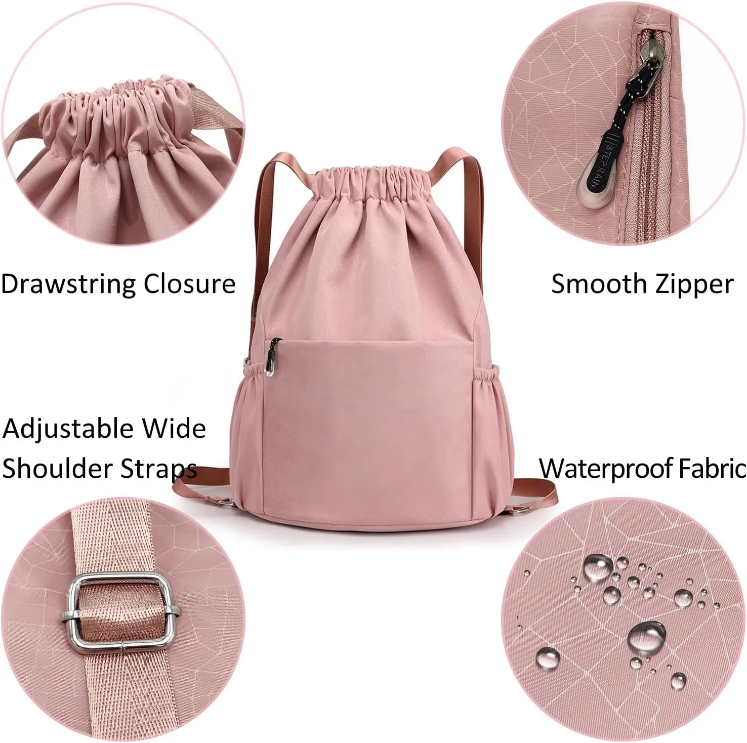 Drawstring Backpack Waterproof Small Gym Bag for Women String Backpack, Sports Gym Sack Cinch Bag with Multi Pockets (Pink)
