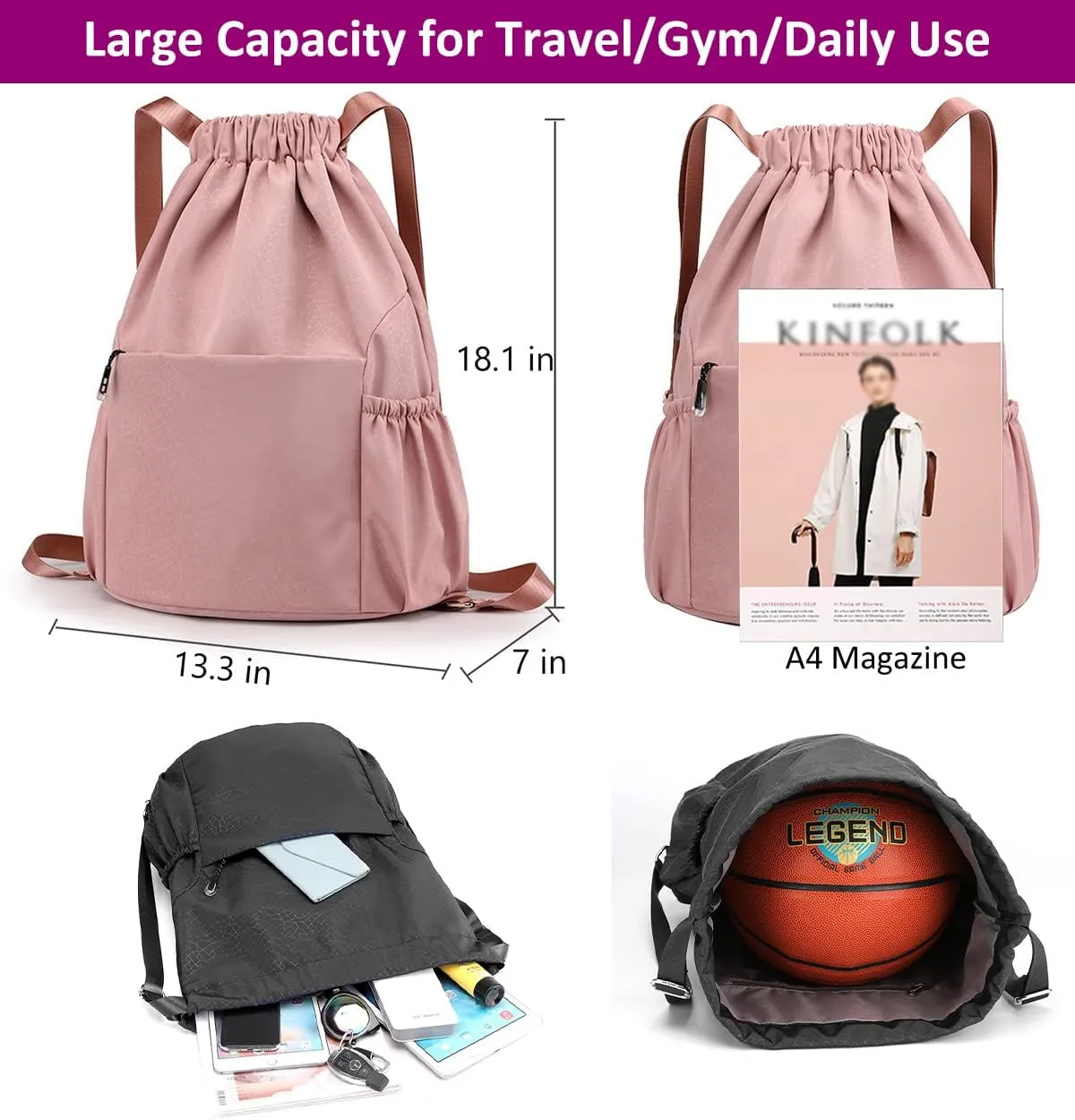 Drawstring Backpack Waterproof Small Gym Bag for Women String Backpack, Sports Gym Sack Cinch Bag with Multi Pockets (Pink)