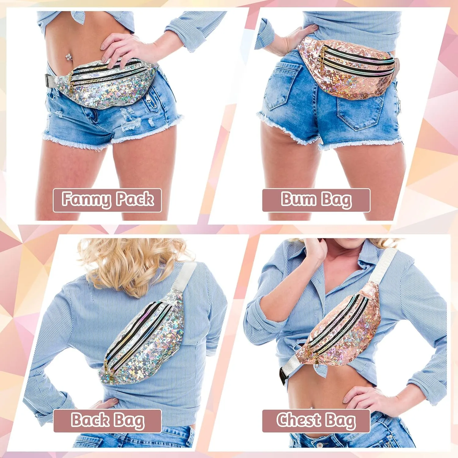 Dunzy 12 pcs Bachelorette Fanny Pack Bride Bridesmaid Holographic Waist Bag Waterproof Fanny Pack for Bachelorette Wedding Party(Champagne, Silver)