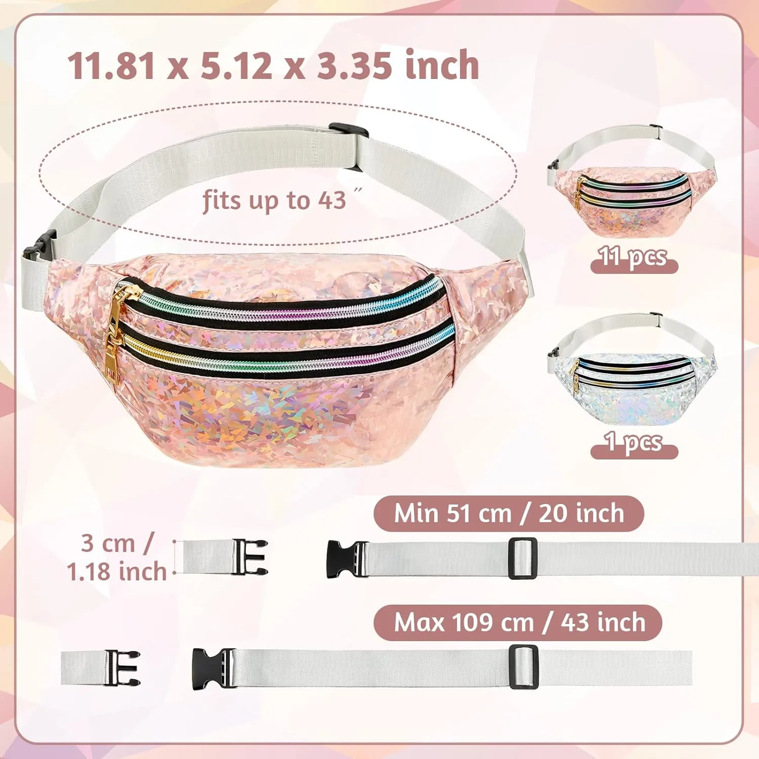 Dunzy 12 pcs Bachelorette Fanny Pack Bride Bridesmaid Holographic Waist Bag Waterproof Fanny Pack for Bachelorette Wedding Party(Champagne, Silver)