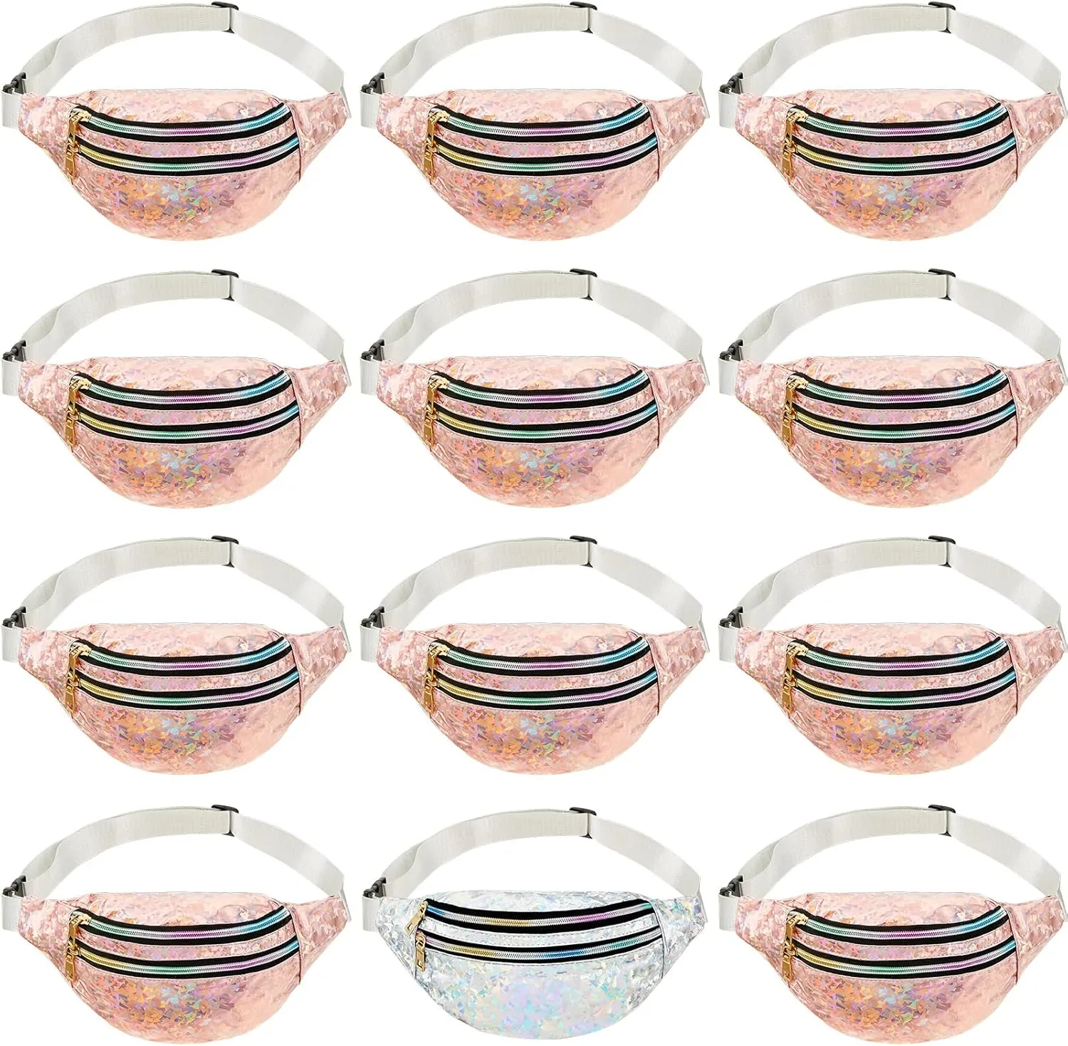 Dunzy 12 pcs Bachelorette Fanny Pack Bride Bridesmaid Holographic Waist Bag Waterproof Fanny Pack for Bachelorette Wedding Party(Champagne, Silver)